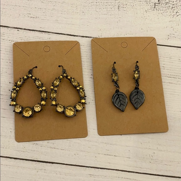 Champagne crystal earrings set gunmetal with leaf handmade - Picture 6 of 8